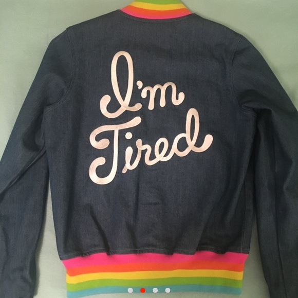 🌈RARE Big Bud Press I'm Tired rainbow bomber 🌈 - Picture 4 of 4